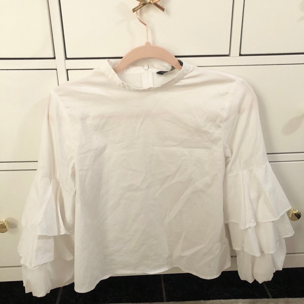 Zara Basic Collection White Bell Ruffle Sleeve Top